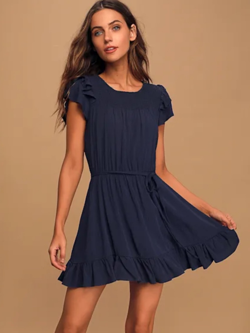 Lulus Flirtatious Feelings Navy Blue Swiss Dot Ruffled Mini Dress - Size S